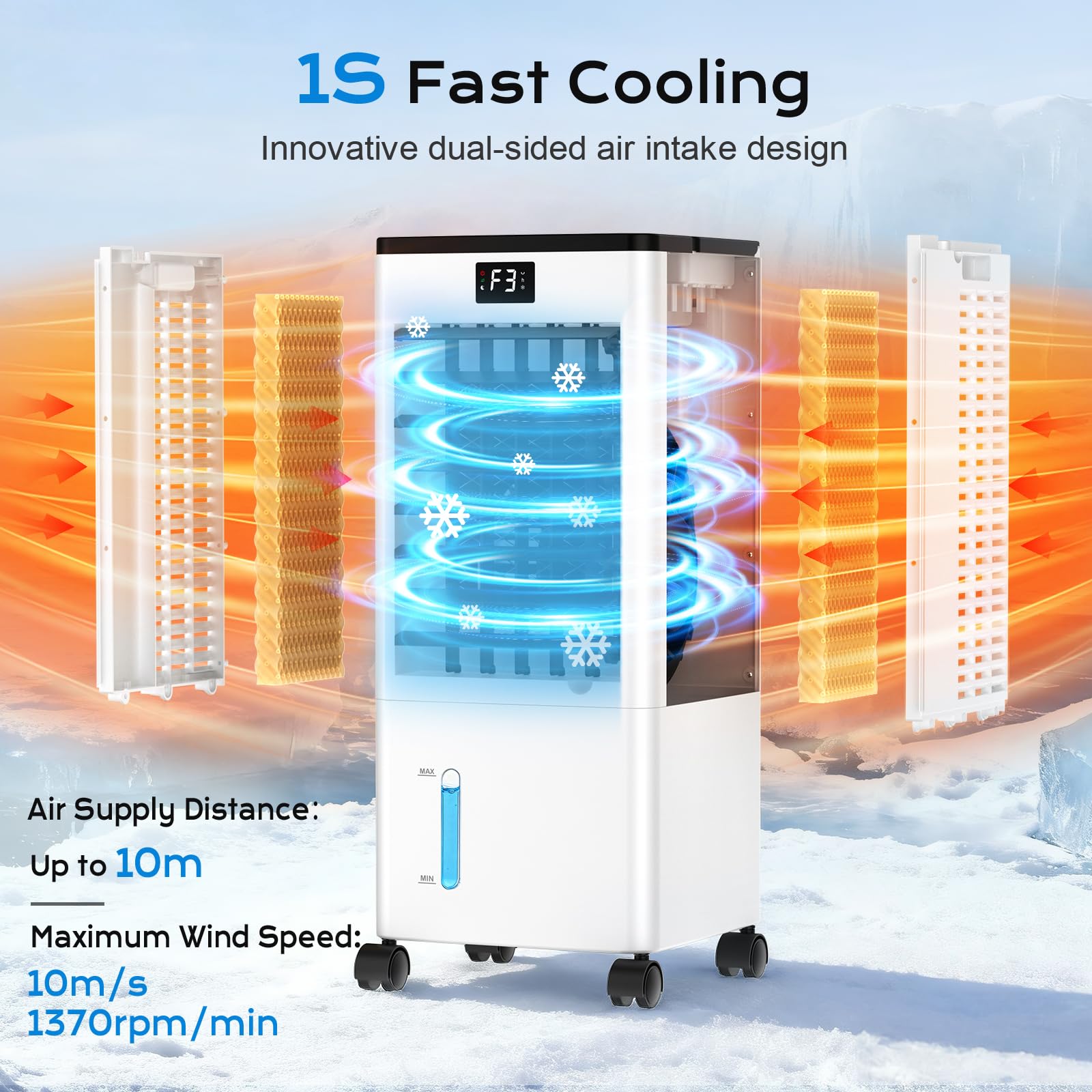 Climatiseur mobile portable BW-108Y 8 L avec refroidissement par évaporation ventilation humidification 3 vitesses et minuterie 12 h