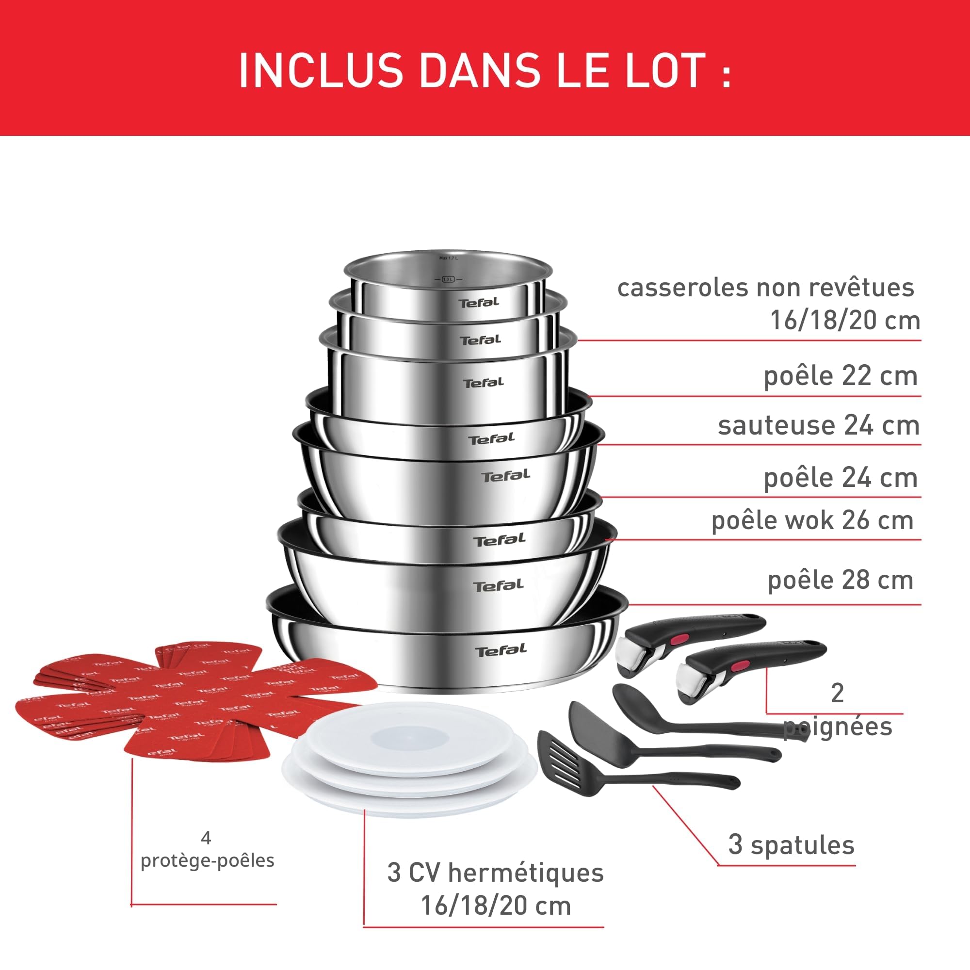 Batterie de cuisine L897SK04 20 pièces induction antiadhésive empilable en acier inoxydable avec poignées amovibles couvercles et accessoires