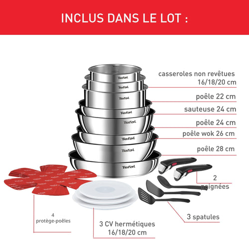Batterie de cuisine L897SK04 20 pièces induction antiadhésive empilable en acier inoxydable avec poignées amovibles couvercles et accessoires