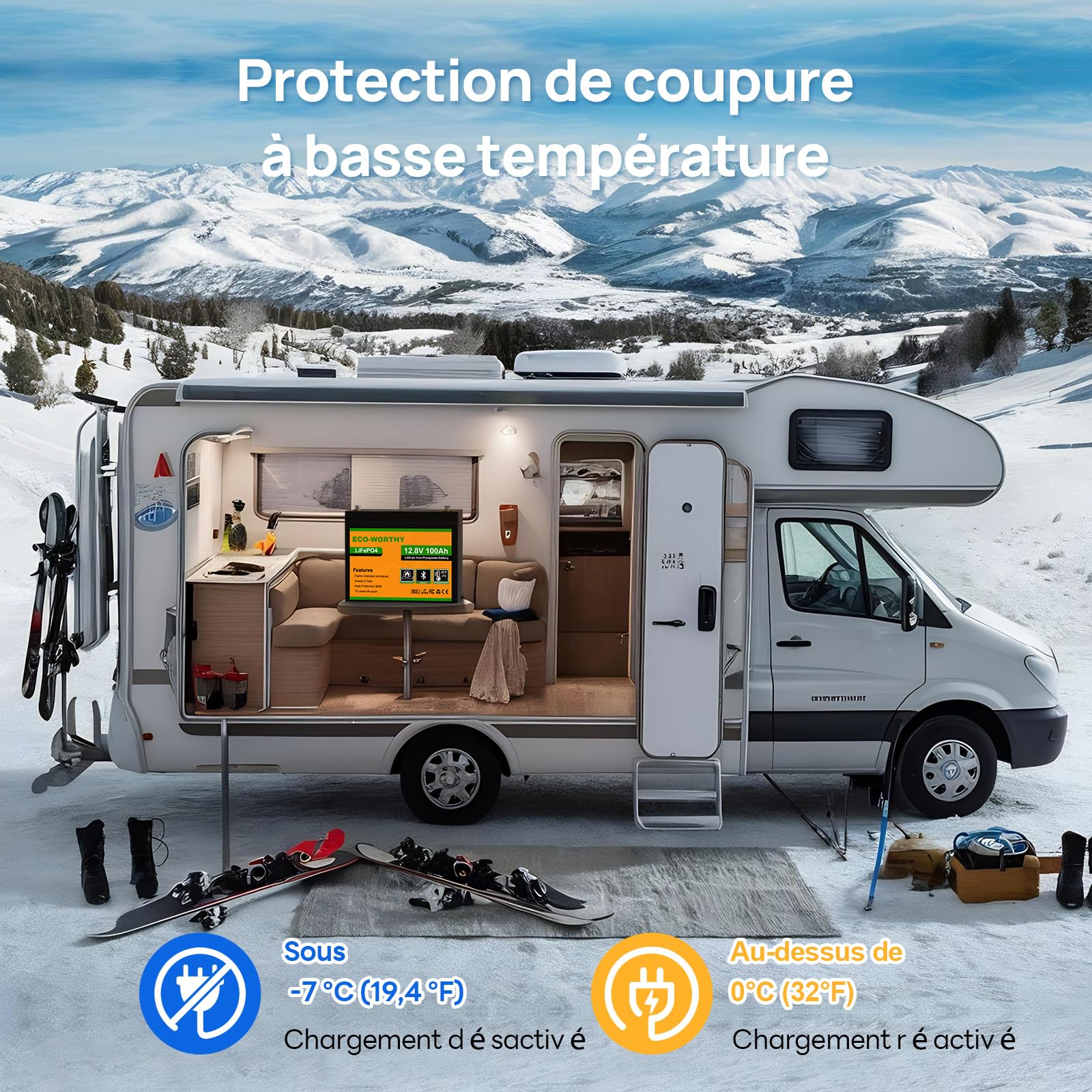 Batterie lithium LiFePO4 12V 100Ah Bluetooth avec BMS protection basse température camping-car bateau énergie solaire