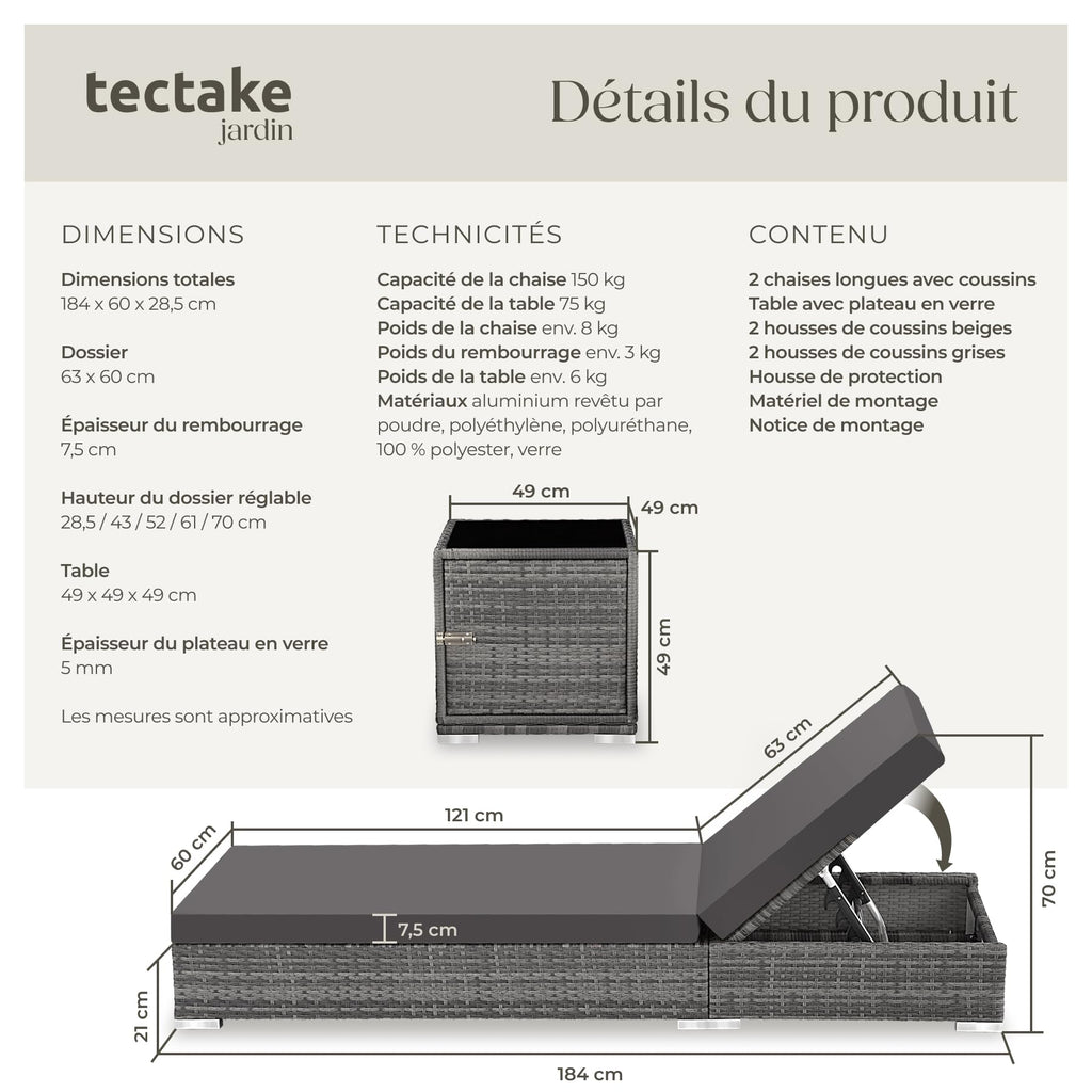 Set de 2 chaises longues bain de soleil avec table de jardin en résine tressée dossier réglable 5 positions housses incluses gris