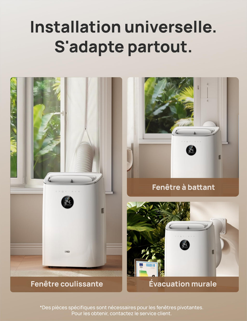 Climatiseur mobile AC318S 7500 BTU 3 en 1 refroidissement ventilation déshumidification avec contrôle Wi-Fi et kit fenêtre