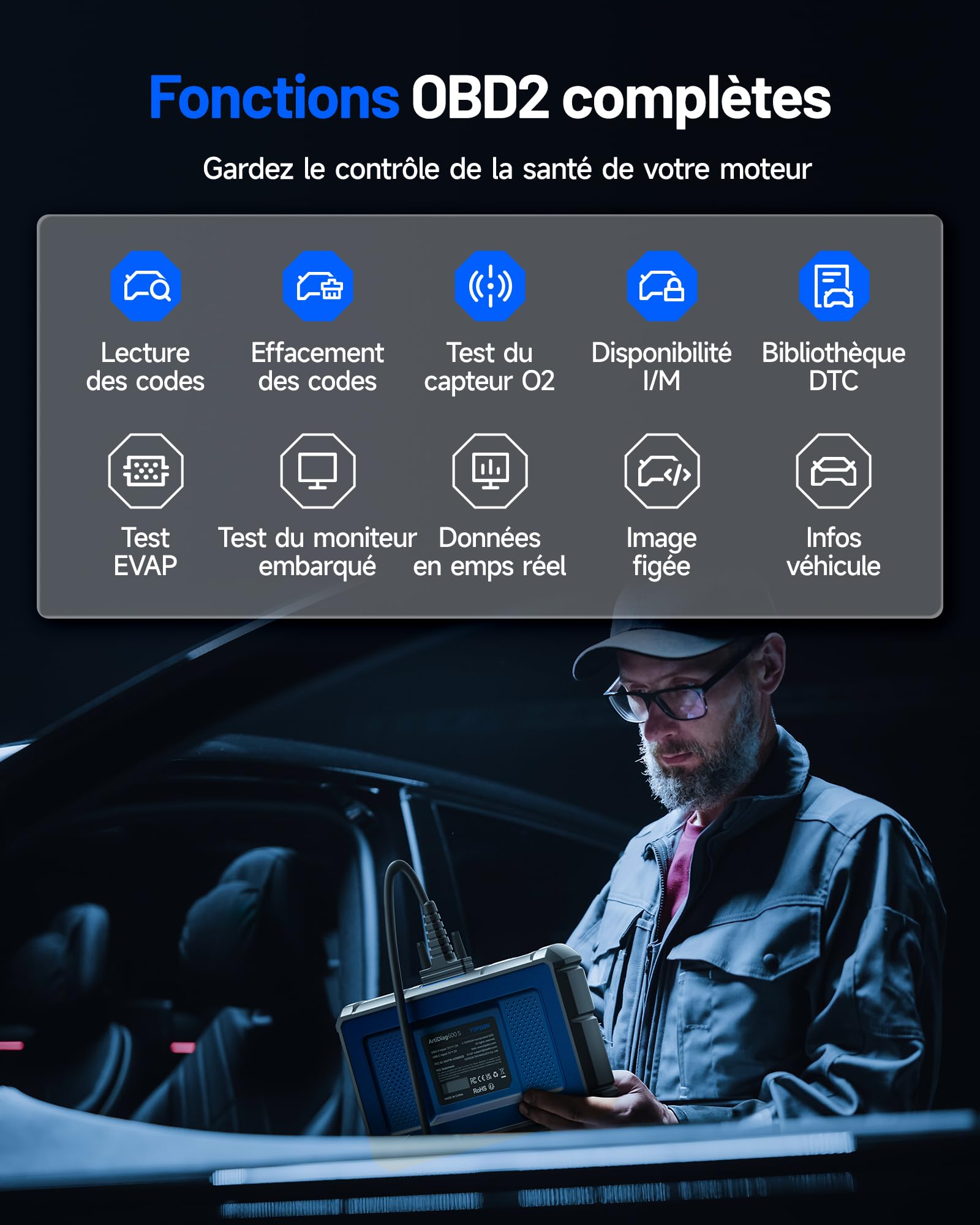 Valise diagnostic auto OBD2 ArtiDiag600S écran tactile 5 pouces Android 11 diagnostic 4 systèmes 9 fonctions réinitialisation