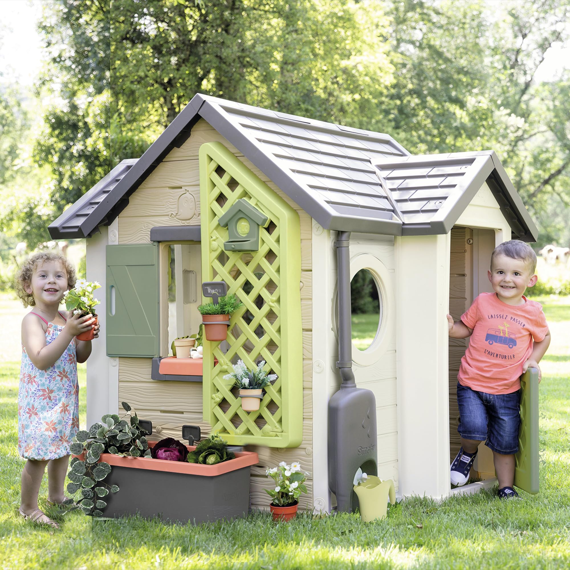 Maison de jardin enfant Garden House avec jardinière treillis mangeoire à oiseaux récupérateur d'eau plastique recyclé 132x128,5x135 cm