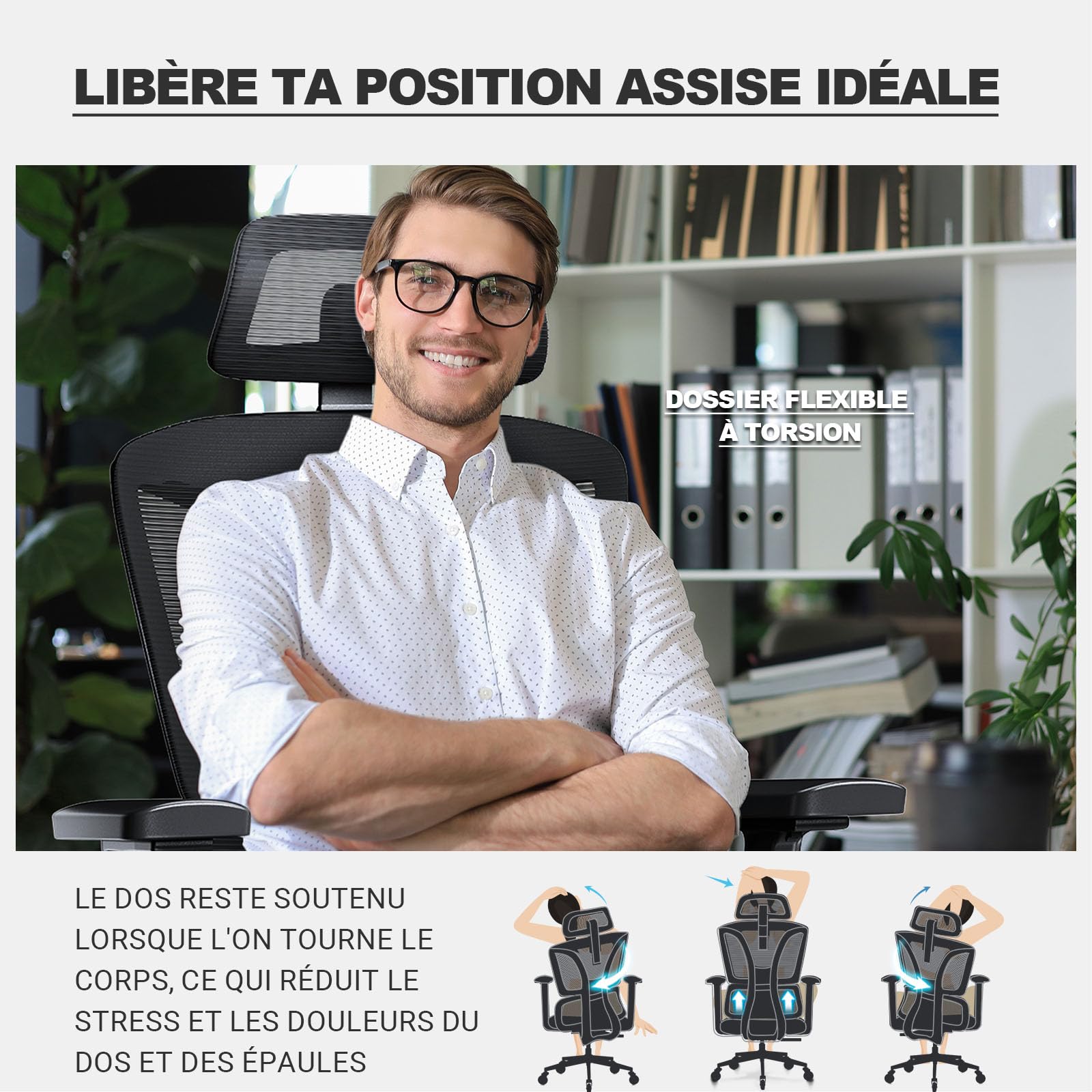 Fauteuil de bureau ergonomique N045 avec accoudoirs 4D appui-tête 3D profondeur d'assise réglable inclinaison 4 niveaux support 200 kg