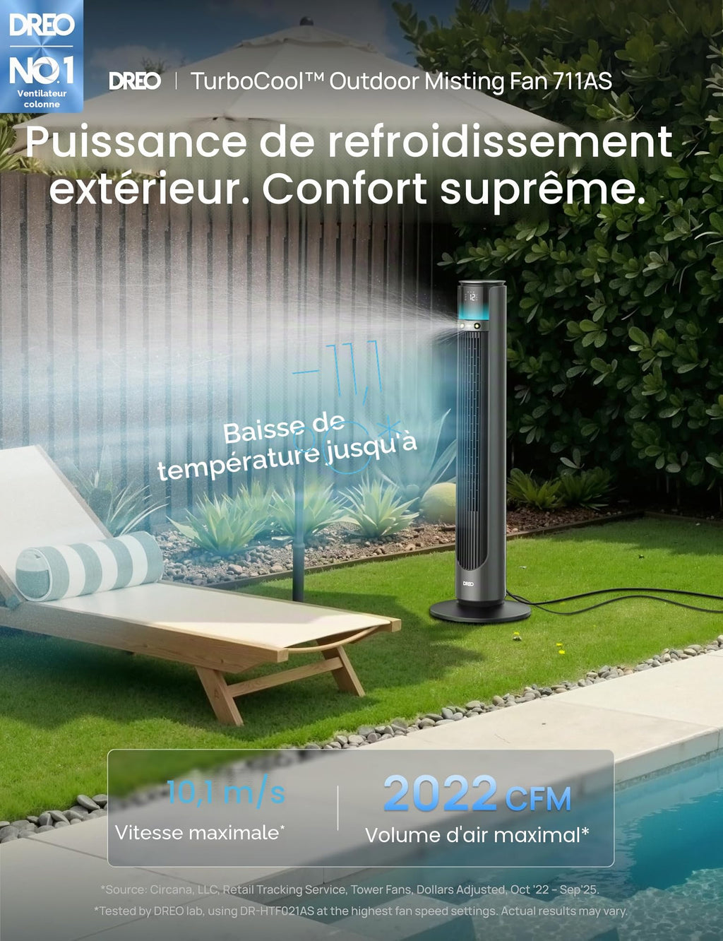 Ventilateur brumisateur sur pied TurboCool 711AS avec moteur DC 12 vitesses oscillation 150° débit d'air 3435 m³/h télécommande