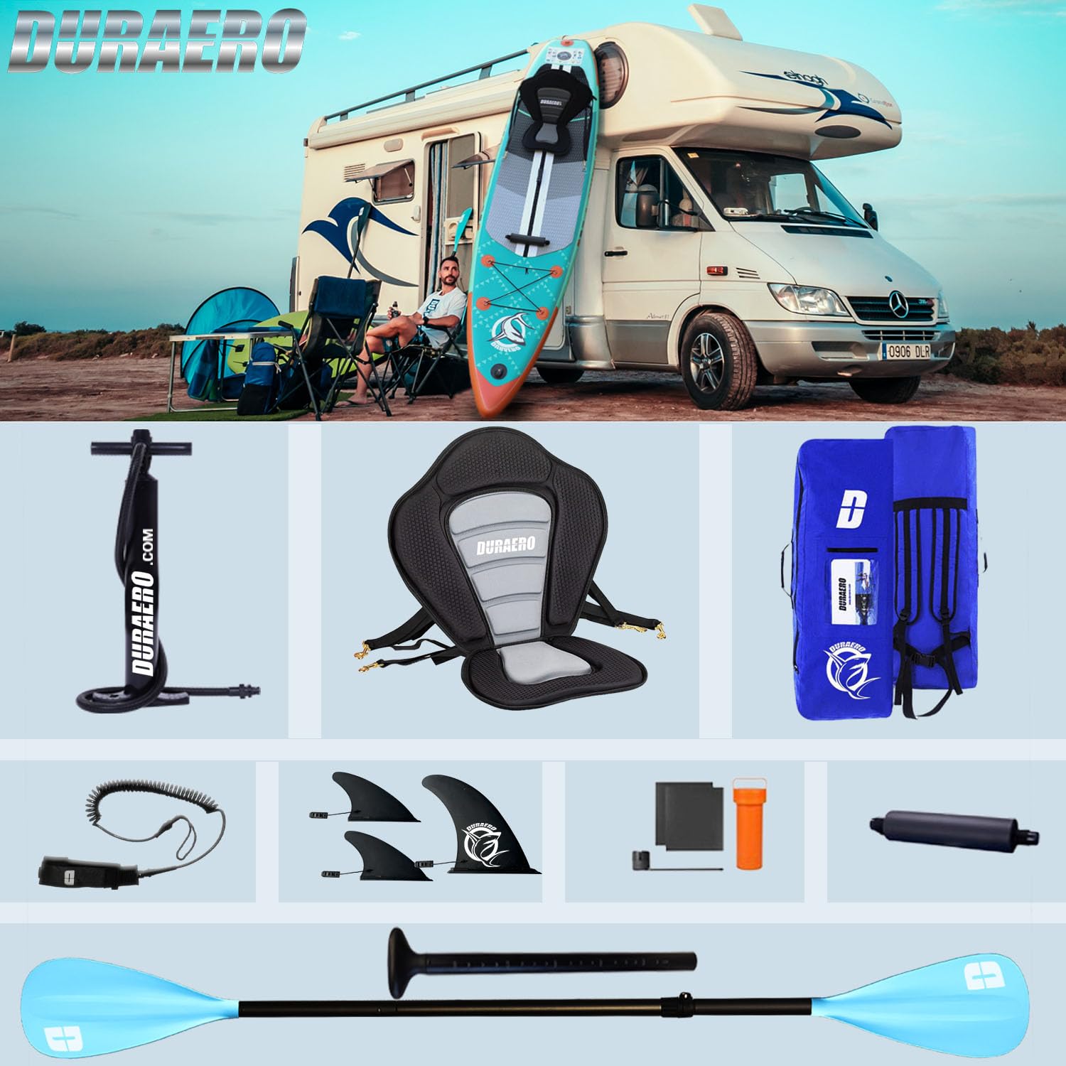 Planche de paddle gonflable 330 x 76 x 15 cm convertible kayak siège inclus capacité 150 kg support caméra 3 ailerons pagaie double réglable
