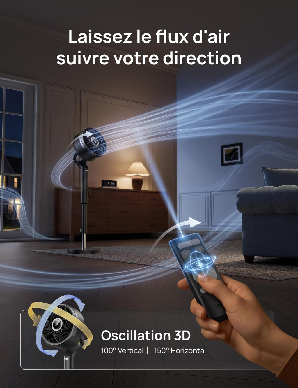 Ventilateur sur pied DR-HPF015S intelligent oscillation 3D 150°+100° moteur DC silencieux 20 dB 12 vitesses 6 modes télécommande