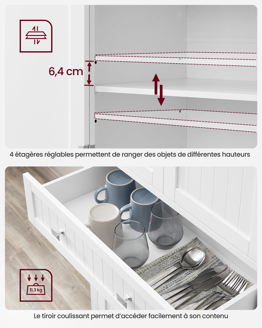 Buffet haut de cuisine BBC561W21 avec tiroir placards et étagères réglables charge maximale 27 kg 76 x 182,1 cm blanc