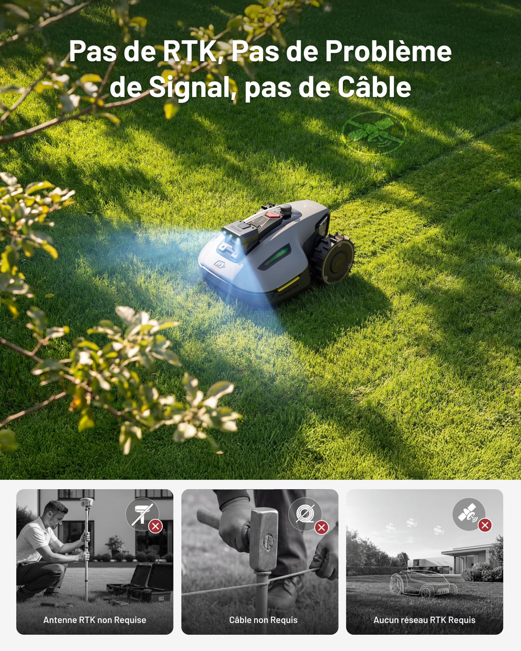 Robot tondeuse YUKA Mini 2 500 YMVS3 sans fil pour pelouse jusqu'à 500 m² caméra IA triple vision cartographie multi-zones coupe 19 cm