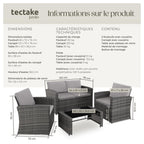 Salon de jardin en résine tressée 4 personnes canapé fauteuils table plateau verre avec coussins gris entretien facile 122 x 70 x 76 cm