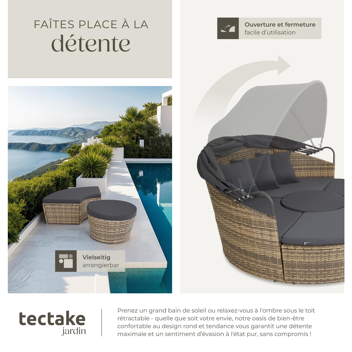 Bain de soleil modulable Santorin II en résine tressée avec pare-soleil pliable coussins inclus structure acier marron naturel