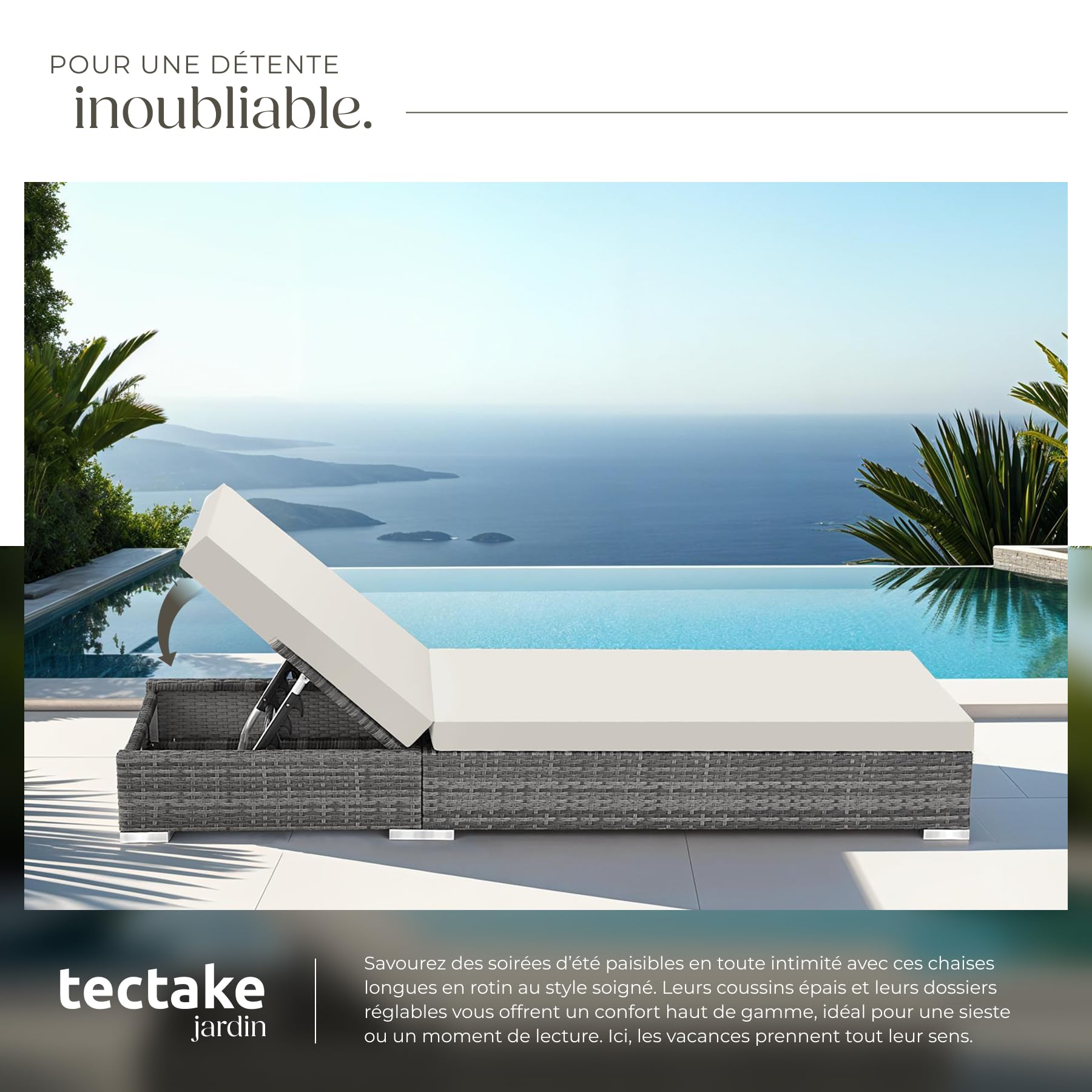 Set de 2 chaises longues bain de soleil avec table de jardin en résine tressée dossier réglable 5 positions housses incluses gris