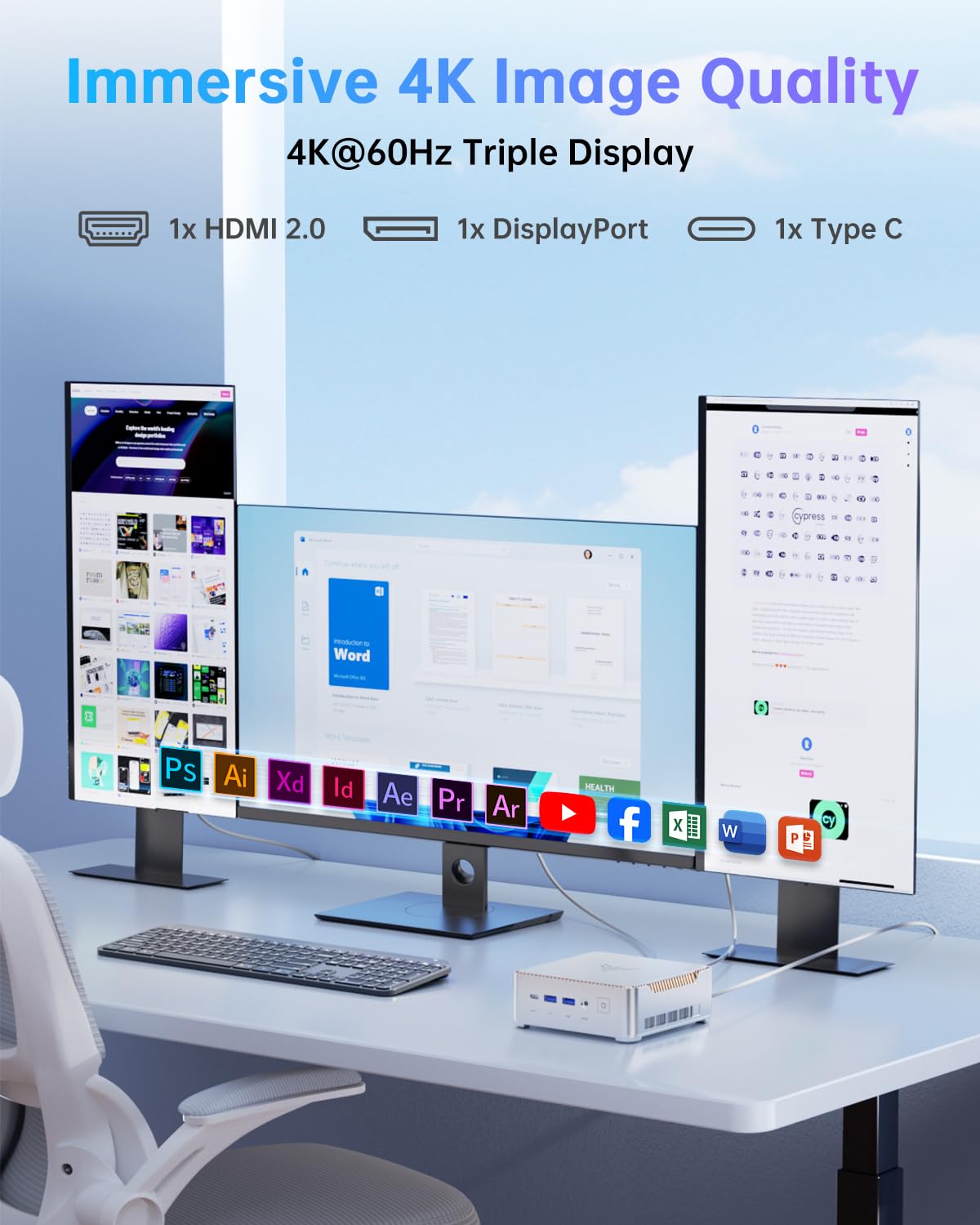 Mini PC P2 avec processeur AMD Ryzen R2544 16 Go DDR4 256 Go SSD M.2 triple écran 4K HDMI DisplayPort Windows 11 Pro