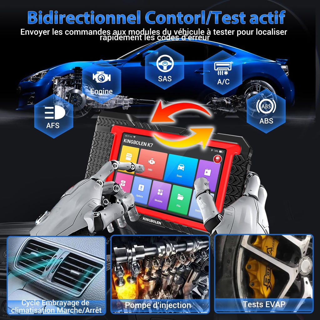 Valise diagnostic auto OBD2 K7 écran 7 pouces Android 10 codage ECU contrôle bidirectionnel 31 services réinitialisation