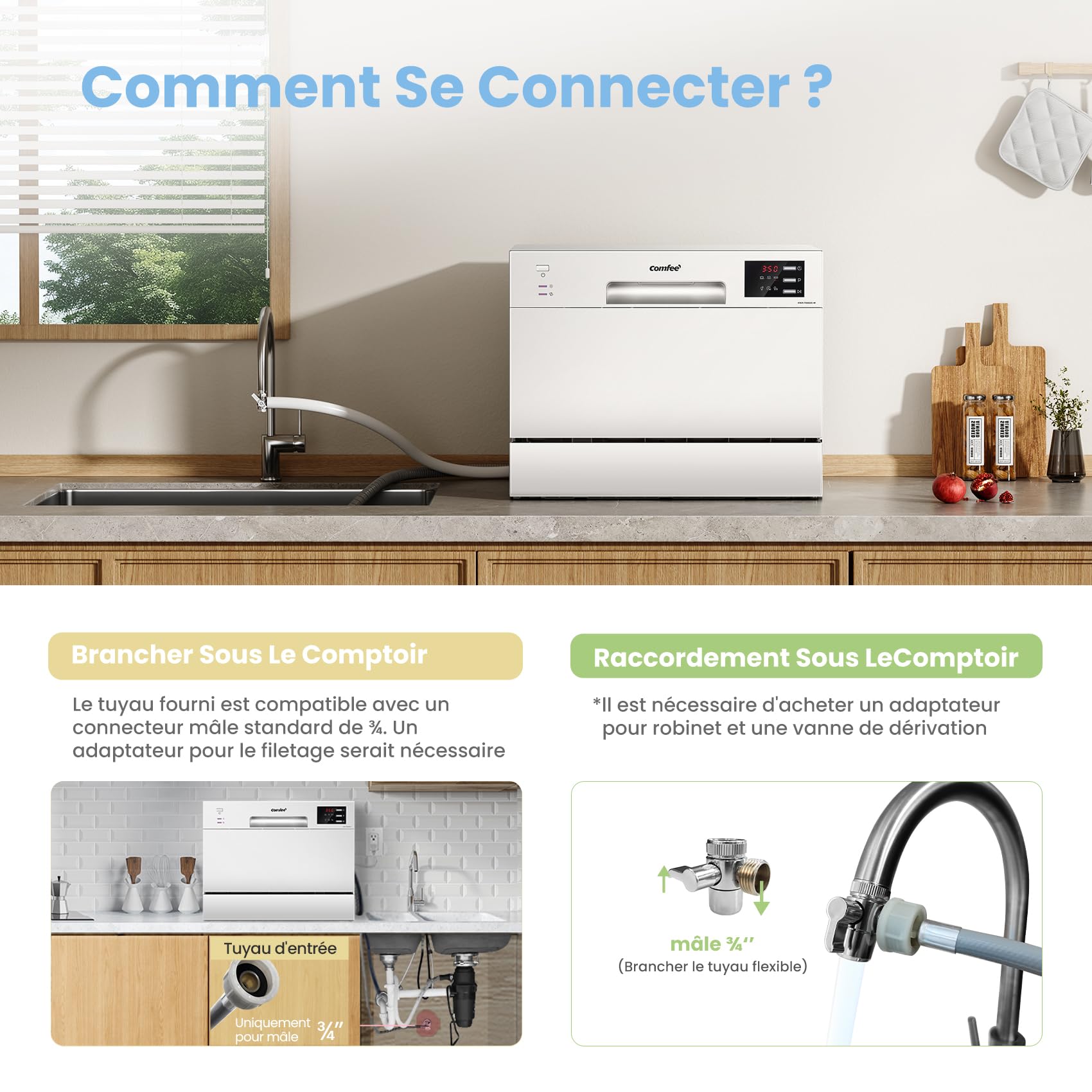 Lave-vaisselle compact pose libre 6 couverts 6 programmes avec écran LED 6,5 L démarrage différé 47 dB blanc