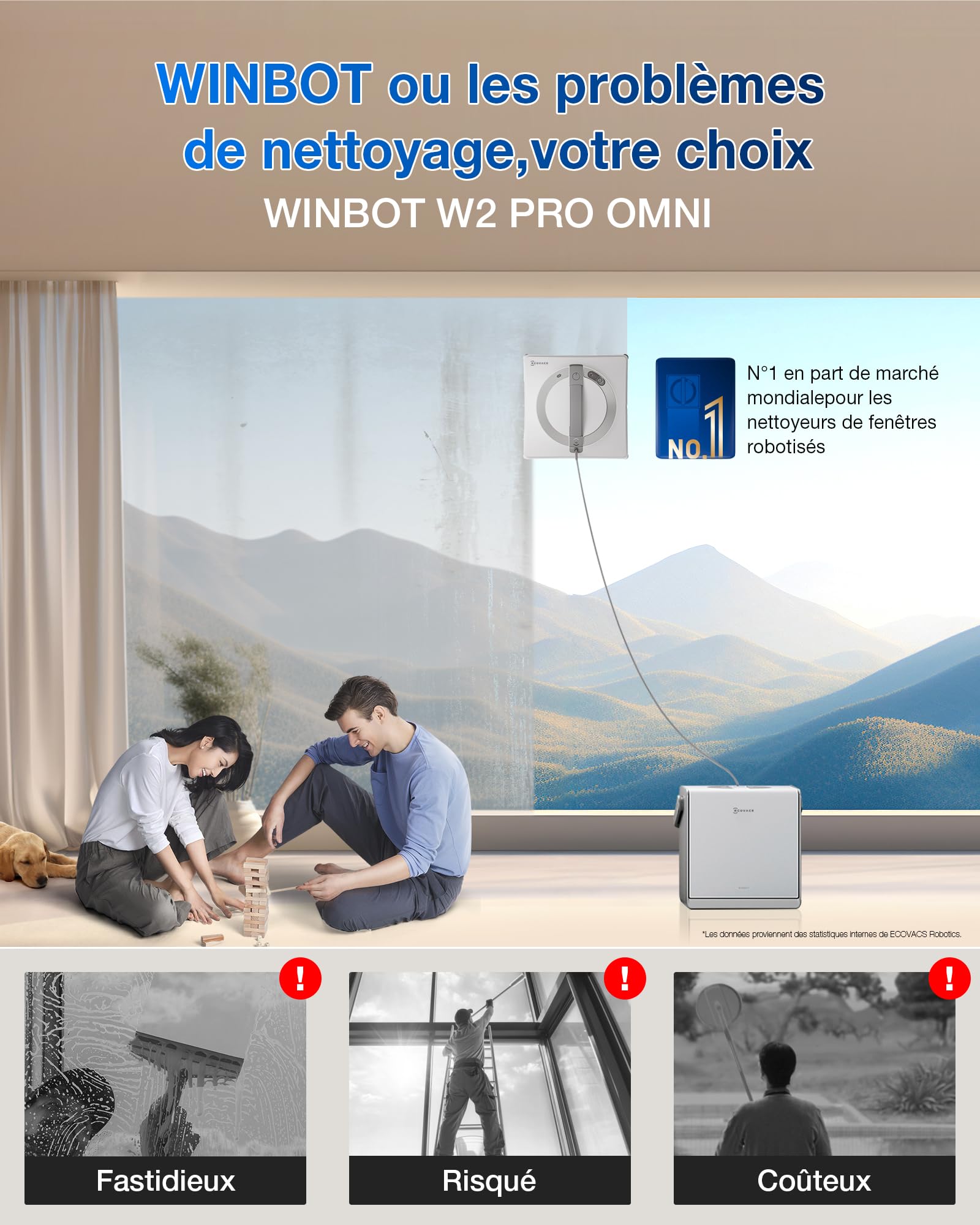 Robot nettoyeur de vitres WINBOT W2 Pro Omni avec station multifonction buse triple pulvérisation système de protection 12 niveaux