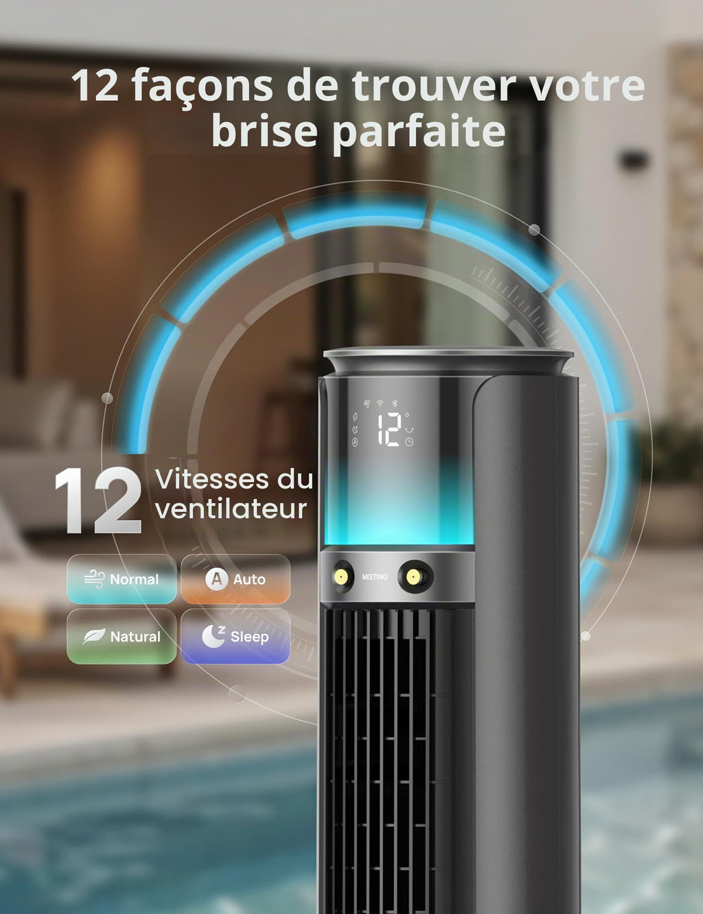 Ventilateur brumisateur sur pied TurboCool 711AS avec moteur DC 12 vitesses oscillation 150° débit d'air 3435 m³/h télécommande