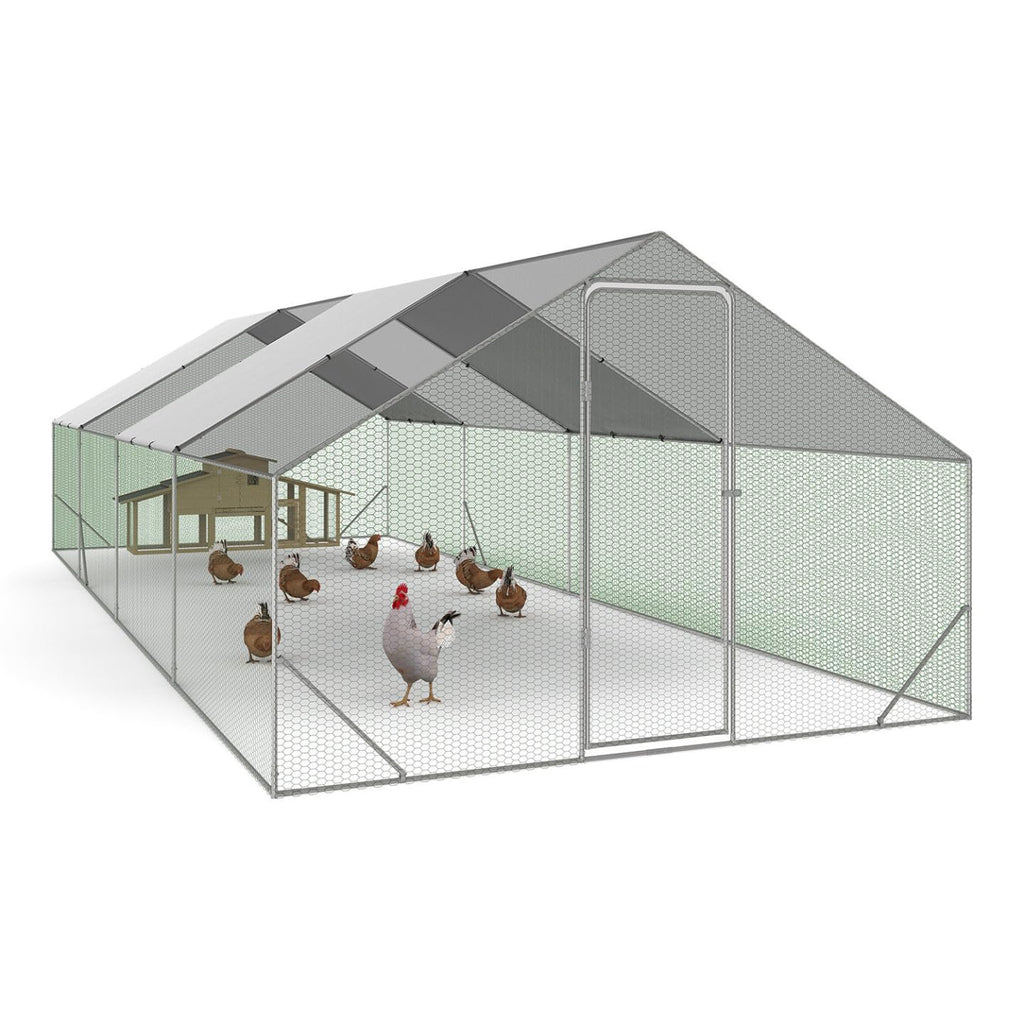 Enclos poulailler 24 m² parc grillagé 8x3x2 m en acier avec bâche de toit porte à loquet pour volailles et petits animaux