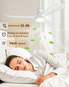 Ventilateur de plafond avec lumière LED QX-05-DE 132 cm moteur DC réversible 6 vitesses télécommande 3 pales éclairage réglable