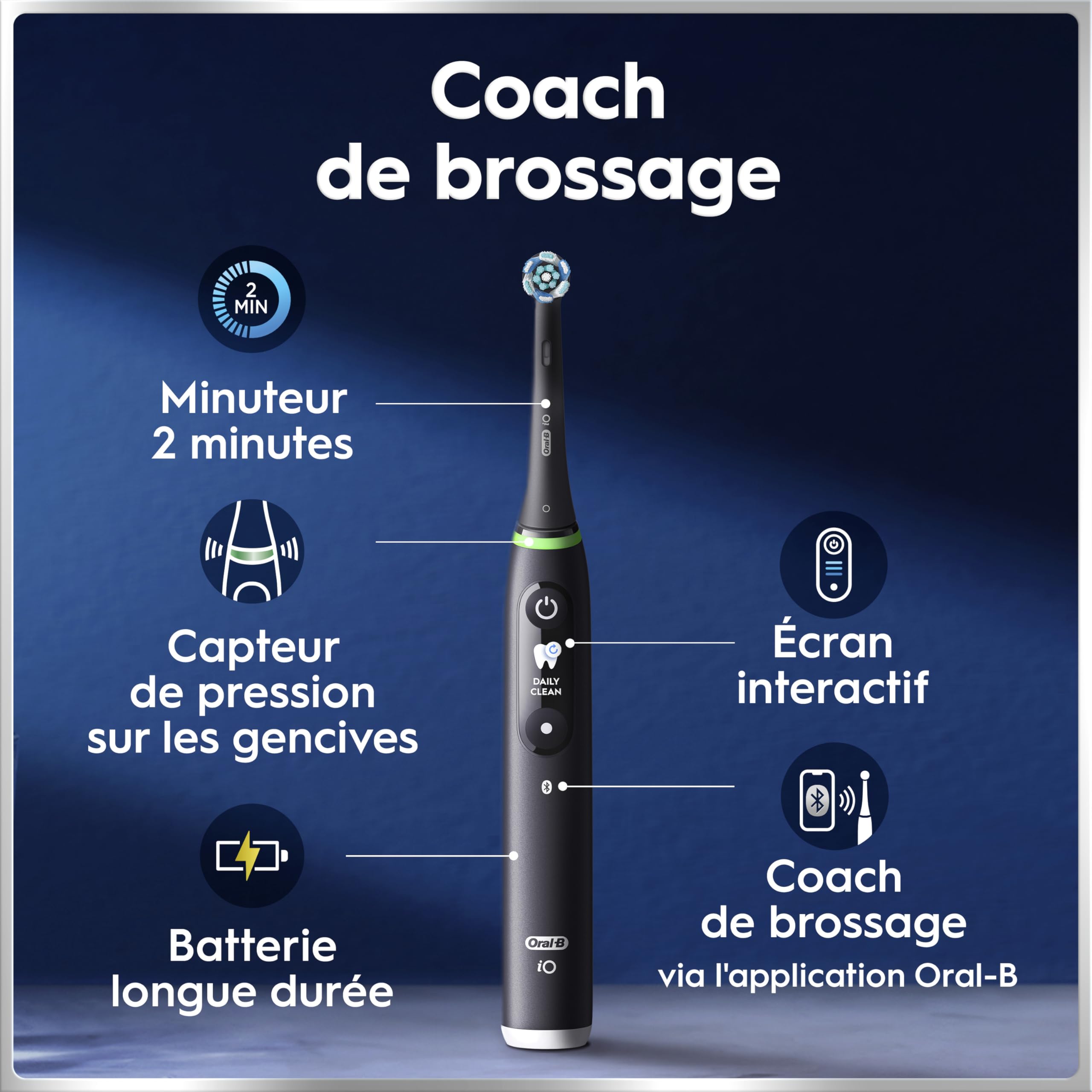 Brosse à dents électrique iO 6 rechargeable avec écran interactif capteur de pression 5 modes de brossage 3 brossettes et étui de voyage