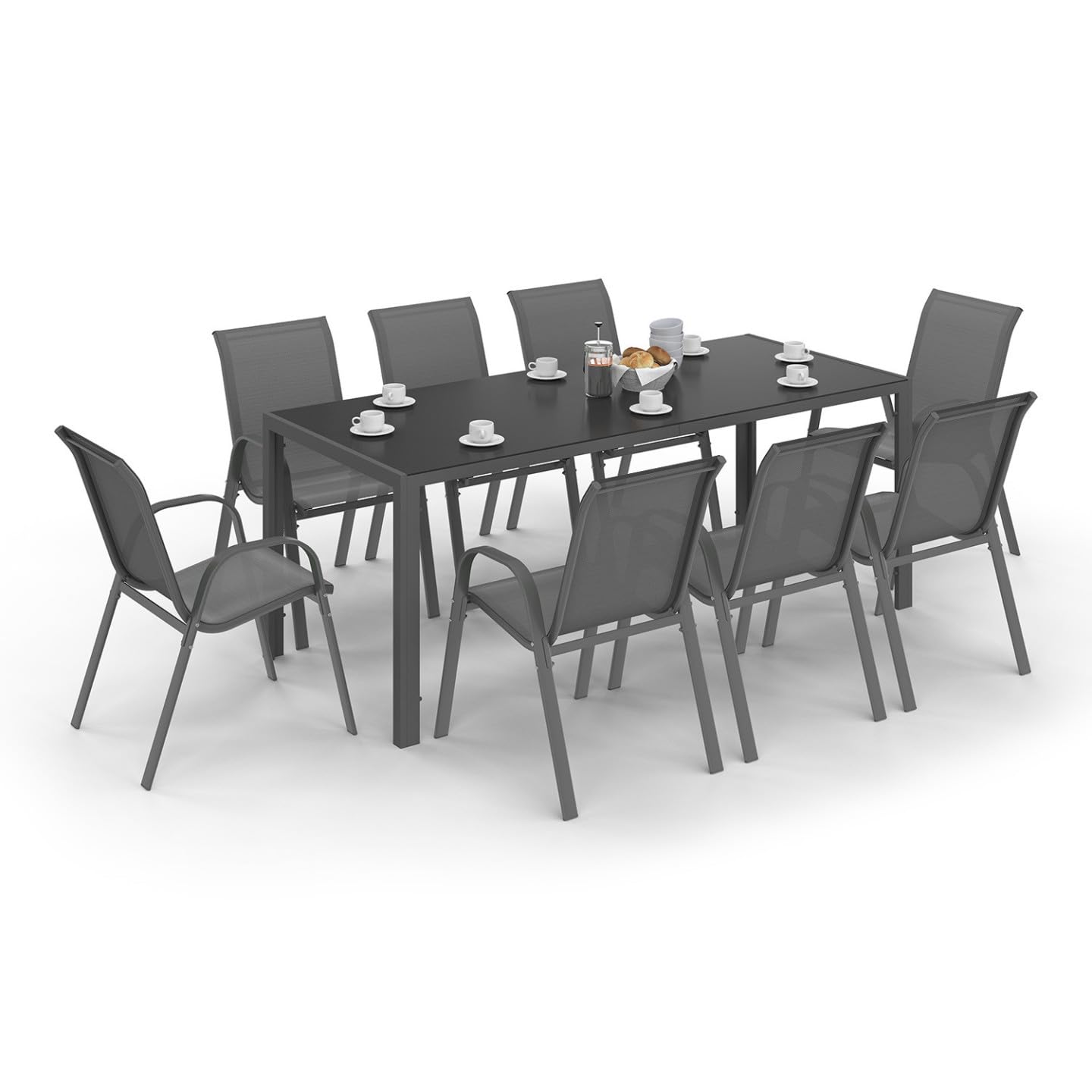 Salon de jardin table rectangulaire 190 cm avec 8 chaises empilables plateau en verre trempé gris anthracite