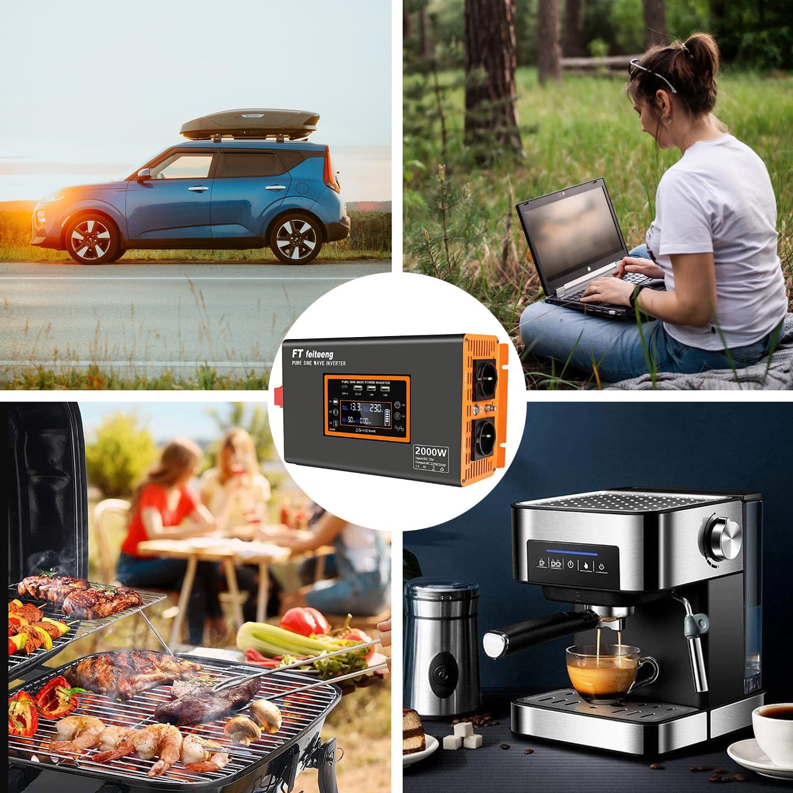 Convertisseur pur sinus 12V vers 220V PSW 2000W avec écran LCD télécommande ports USB et 2 prises CA
