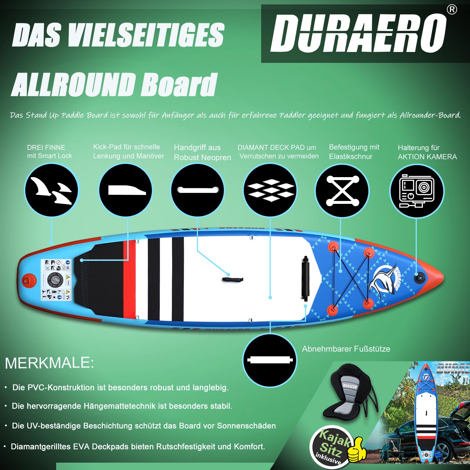 Planche SUP gonflable 330 x 76 x 15 cm avec siège kayak pagaie double réglable support caméra charge maximale 150 kg