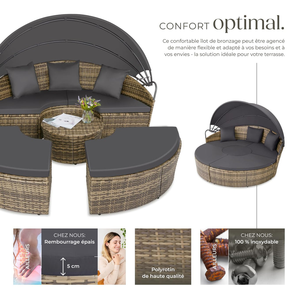 Bain de soleil modulable Santorin II en résine tressée avec pare-soleil pliable coussins inclus structure acier marron naturel