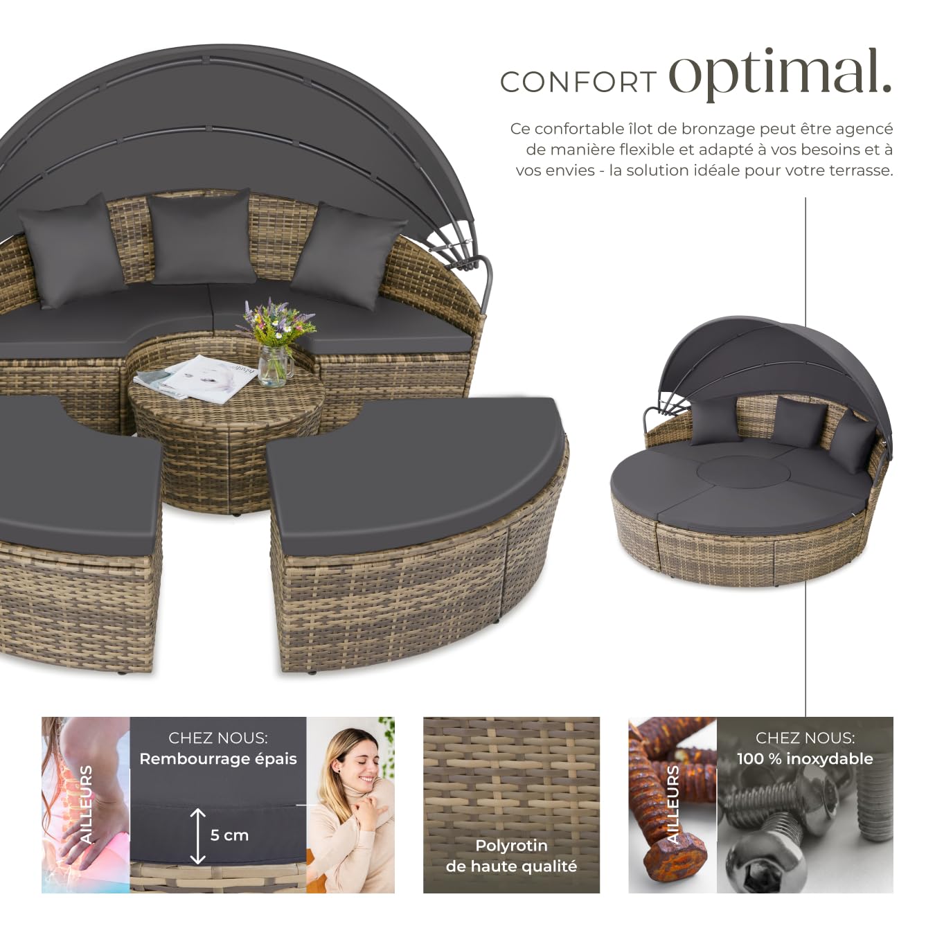 Bain de soleil modulable Santorin II en résine tressée avec pare-soleil pliable coussins inclus structure acier marron naturel