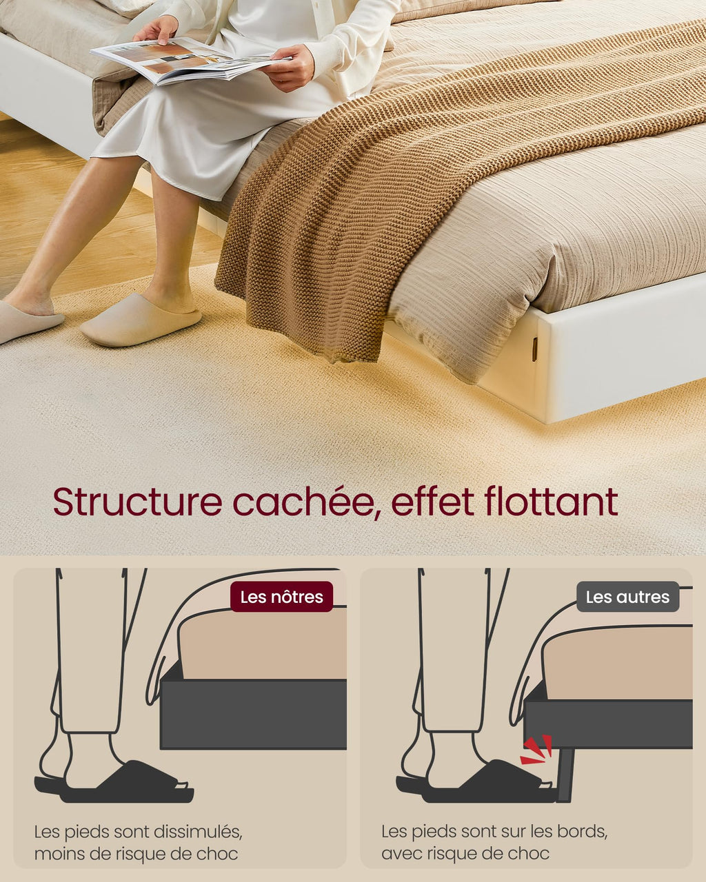 Lit double flottant 140 x 190 cm cadre avec éclairage LED tête de lit rembourrée ports USB et étagère