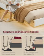 Lit double flottant 140 x 190 cm cadre avec éclairage LED tête de lit rembourrée ports USB et étagère