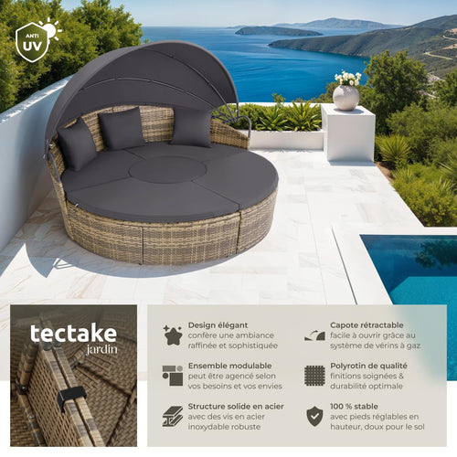 Bain de soleil modulable Santorin II en résine tressée avec pare-soleil pliable coussins inclus structure acier marron naturel