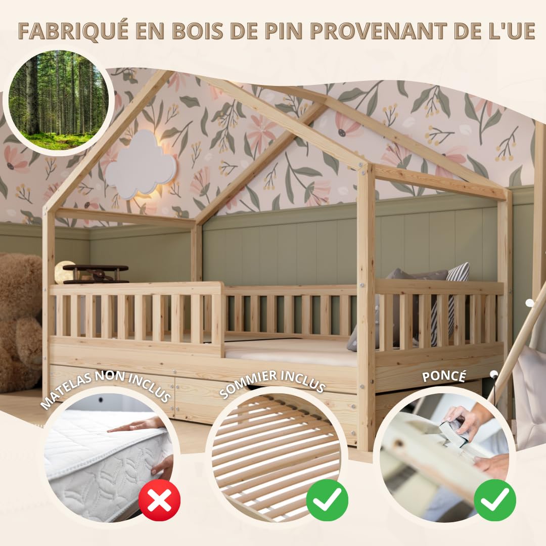 Lit cabane enfant Crazy House 190x90 cm en bois de pin avec tiroirs de rangement barrière de sécurité sommier inclus