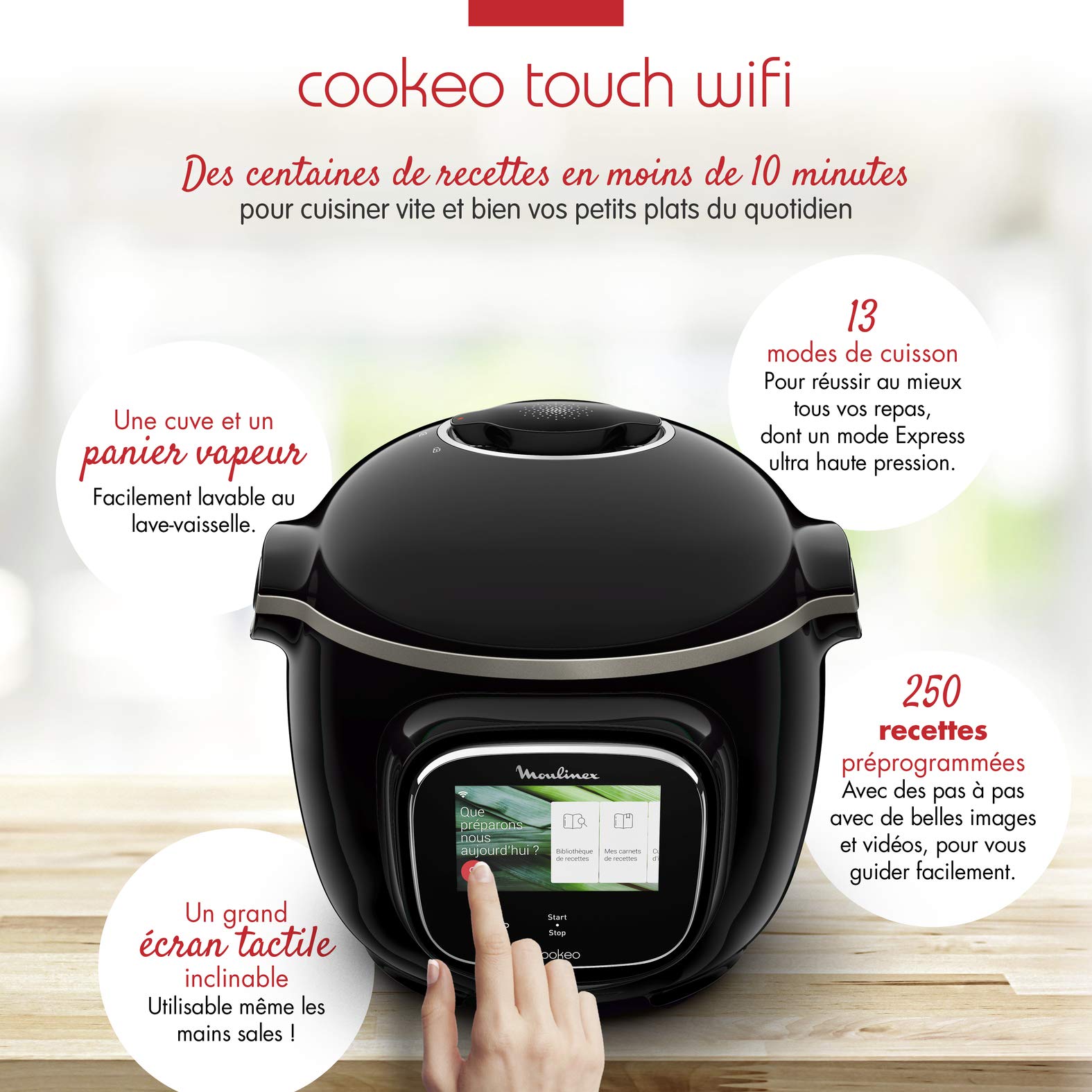 Multicuiseur intelligent Cookeo Touch Wifi CE902800 1600 W avec cuve 6 L écran tactile et 250 recettes intégrées
