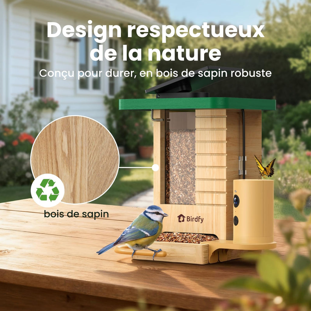 Mangeoire oiseaux avec caméra solaire Birdfy bois 1080p IA identification 6000 espèces batterie 5200mAh
