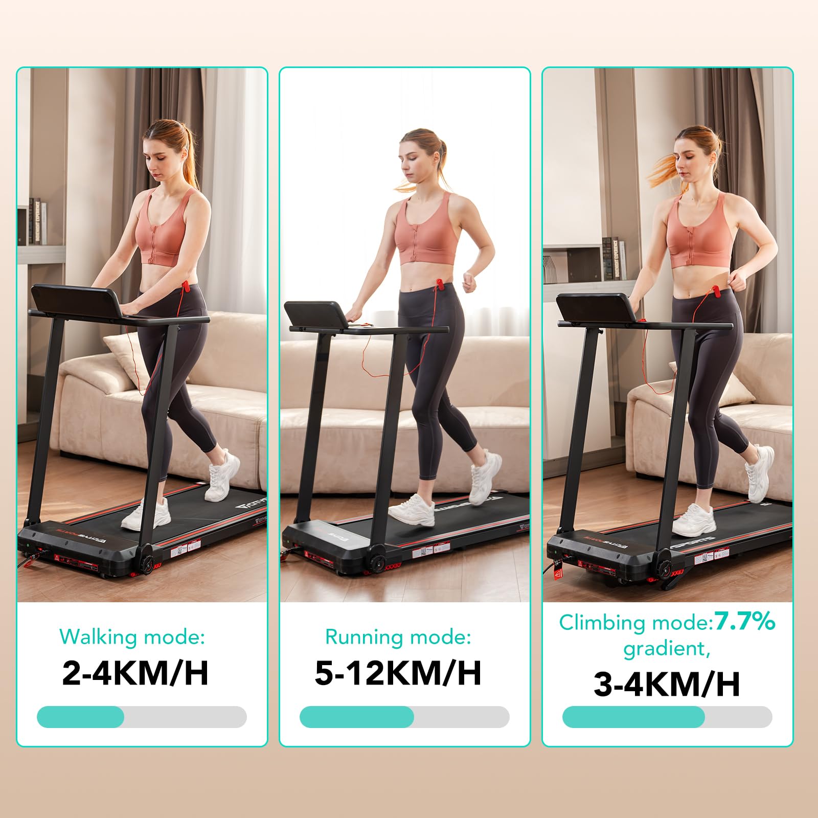 Tapis de course pliable SC-WP9 vitesse 12 km/h écran LED Bluetooth application support tablette 360° moteur 1400W charge 120 kg