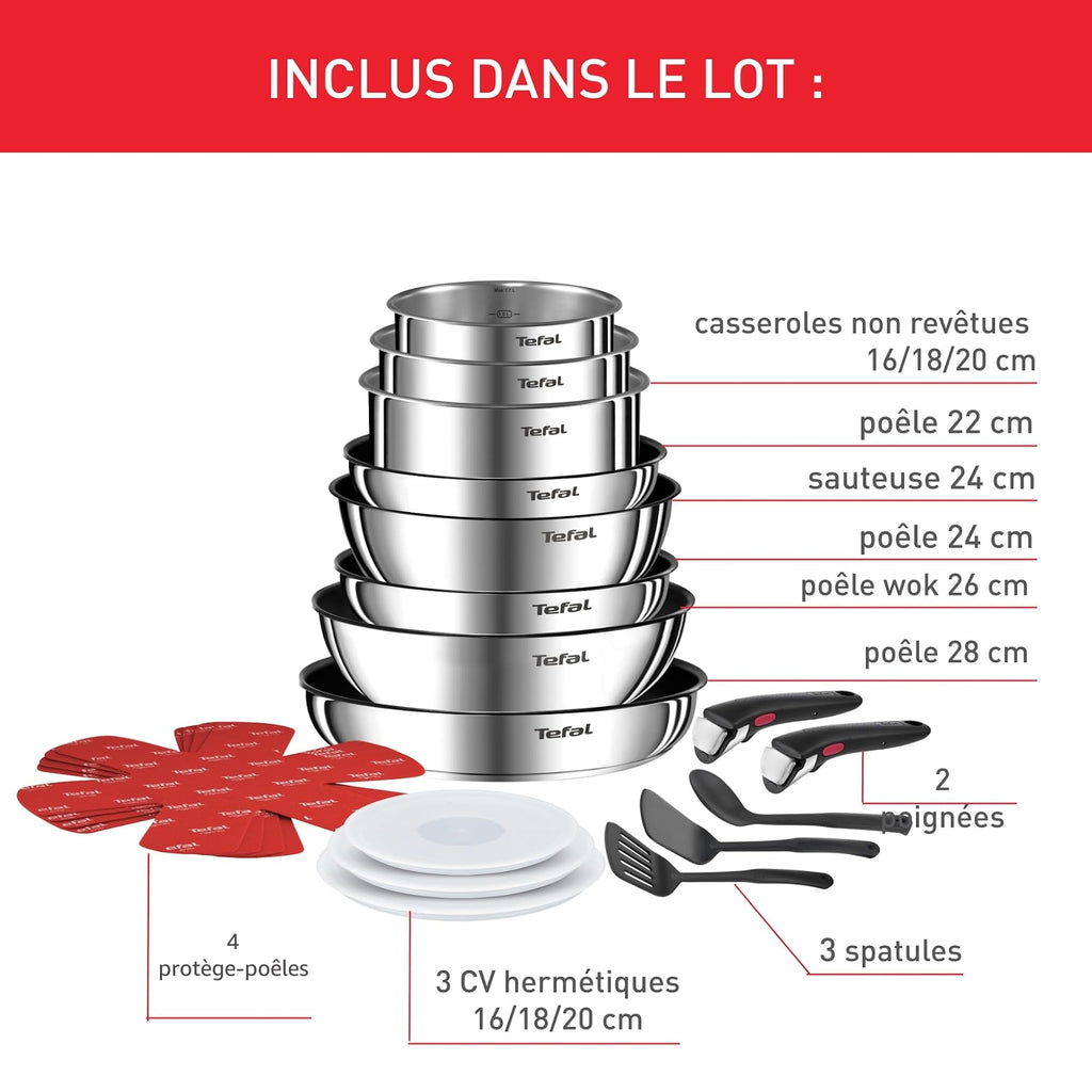 Batterie de cuisine L897SK04 20 pièces induction antiadhésive empilable en acier inoxydable avec poignées amovibles couvercles et accessoires