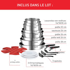 Batterie de cuisine L897SK04 20 pièces induction antiadhésive empilable en acier inoxydable avec poignées amovibles couvercles et accessoires