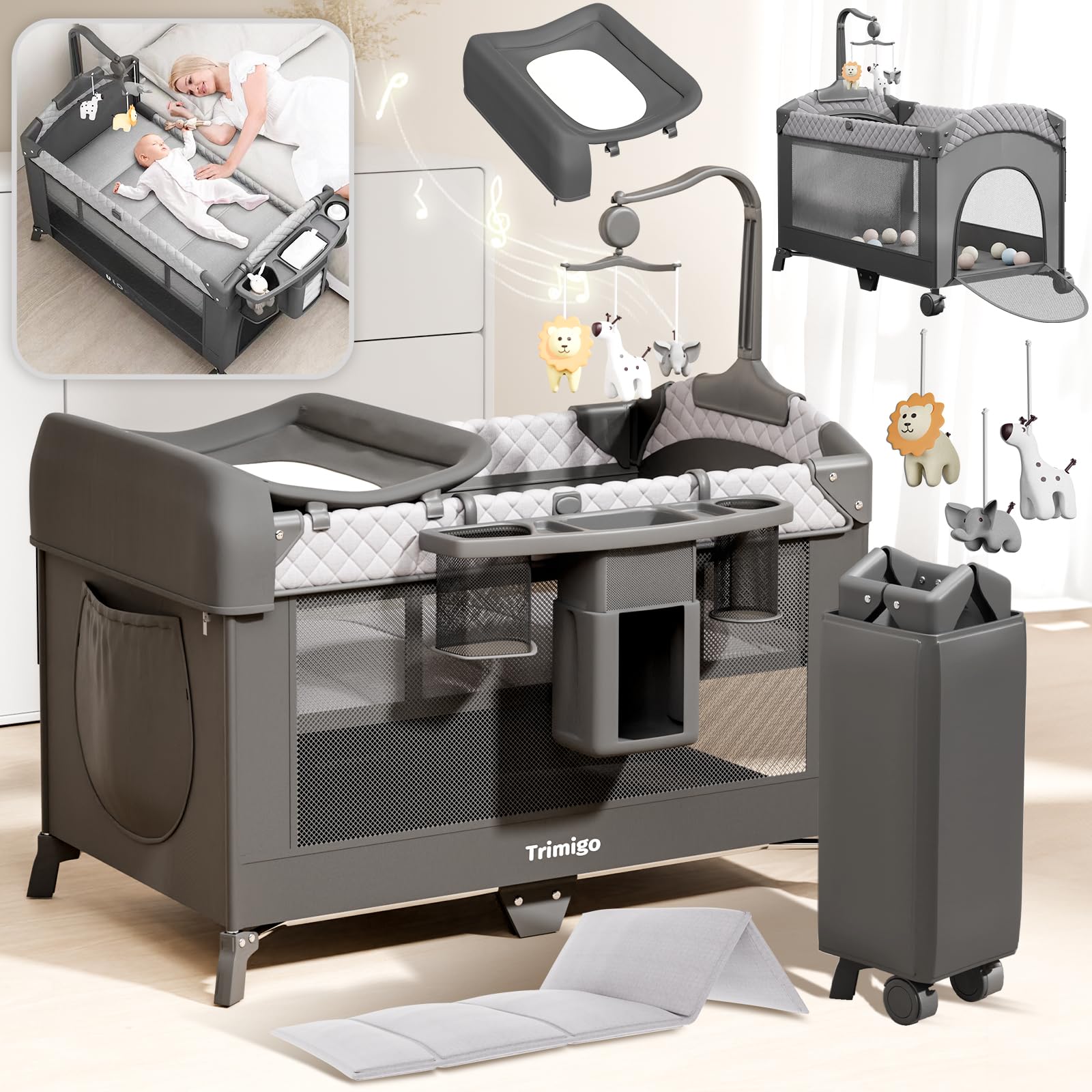 Lit bébé pliable évolutif 120 x 70 cm avec hauteur réglable moustiquaire table à langer jouets charge 25 kg