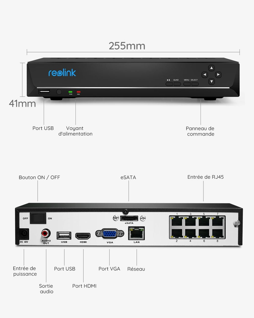 Enregistreur vidéo NVR PoE 8 canaux 4K RLN8-410 avec disque dur 2 To pour caméra de surveillance IP