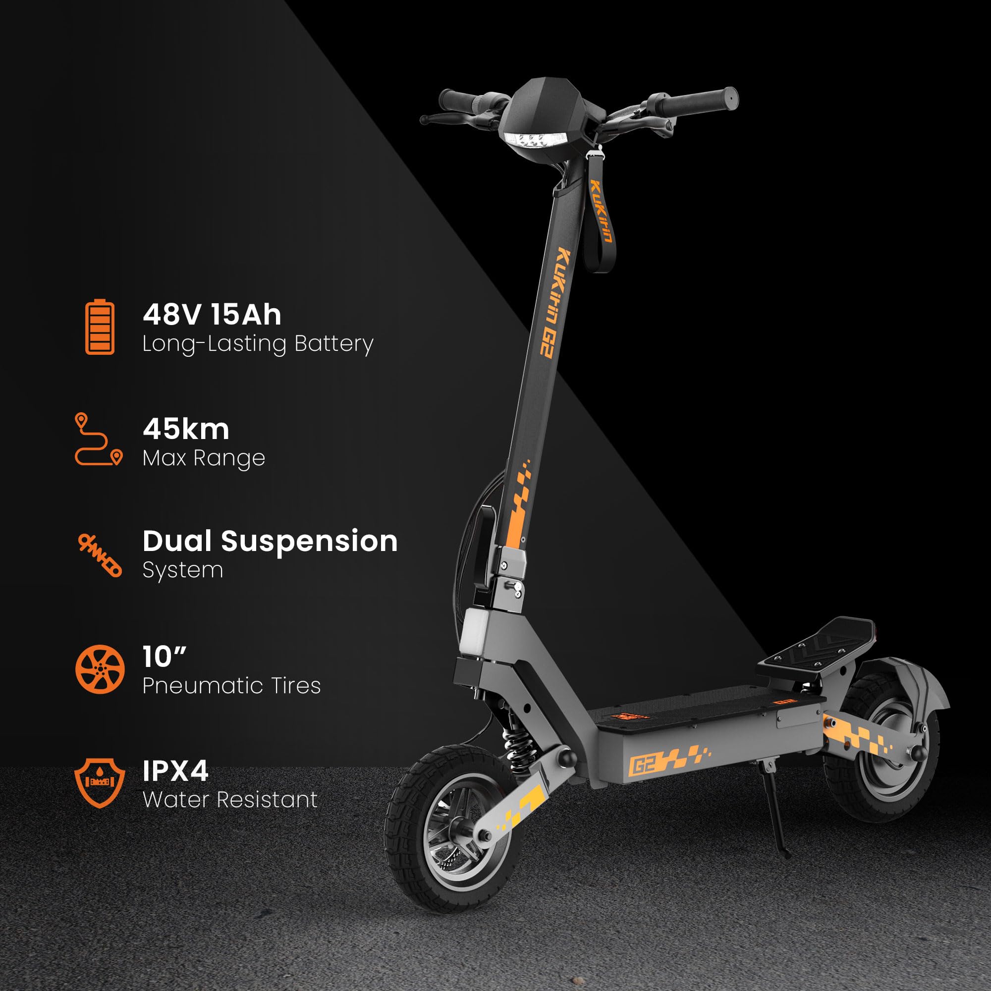 Trottinette électrique G2 batterie 48V 15,6Ah autonomie 55 km pneus tubeless 10 pouces double suspension freins à disque