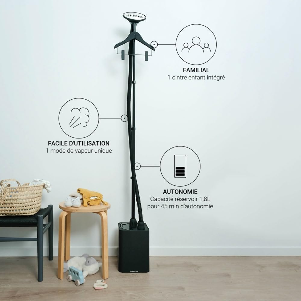 Défroisseur vapeur vertical EUKID190B 1900W avec réservoir 1,8L débit vapeur 40g/min et cintres inclus
