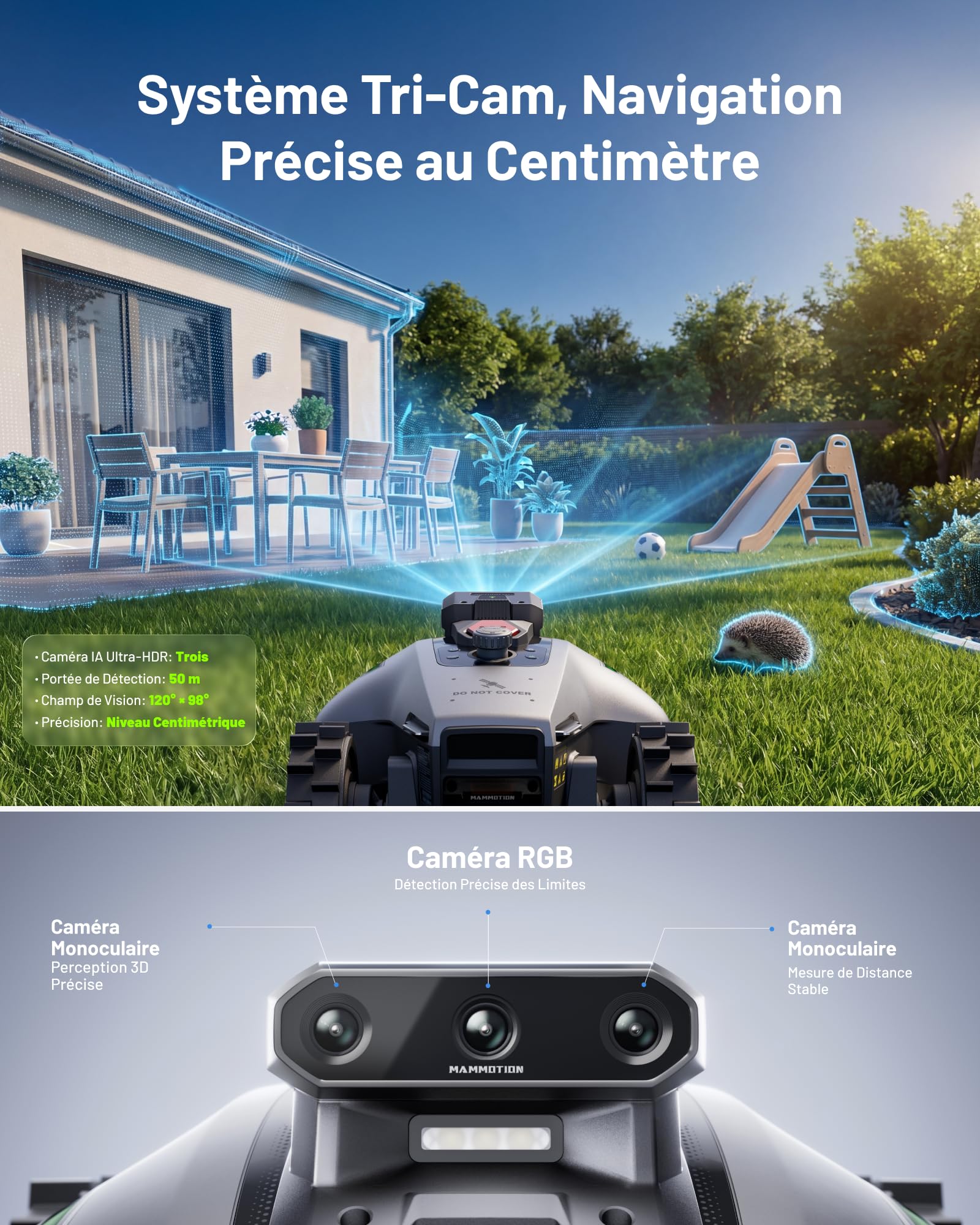 Robot tondeuse YUKA Mini 2 500 YMVS3 sans fil pour pelouse jusqu'à 500 m² caméra IA triple vision cartographie multi-zones coupe 19 cm
