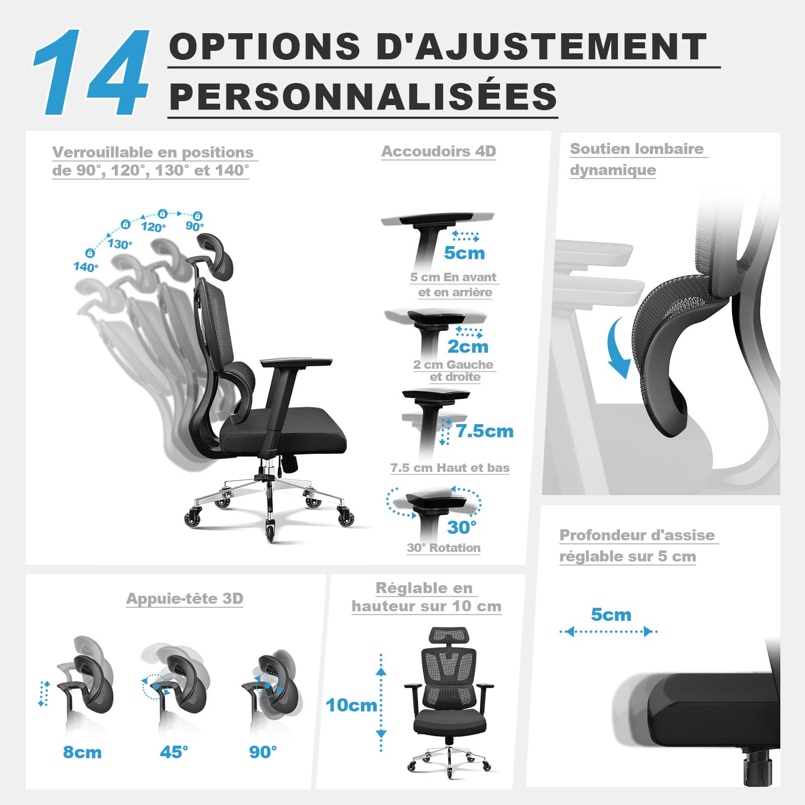 Fauteuil de bureau ergonomique N045 avec accoudoirs 4D appui-tête 3D profondeur d'assise réglable inclinaison 4 niveaux support 200 kg
