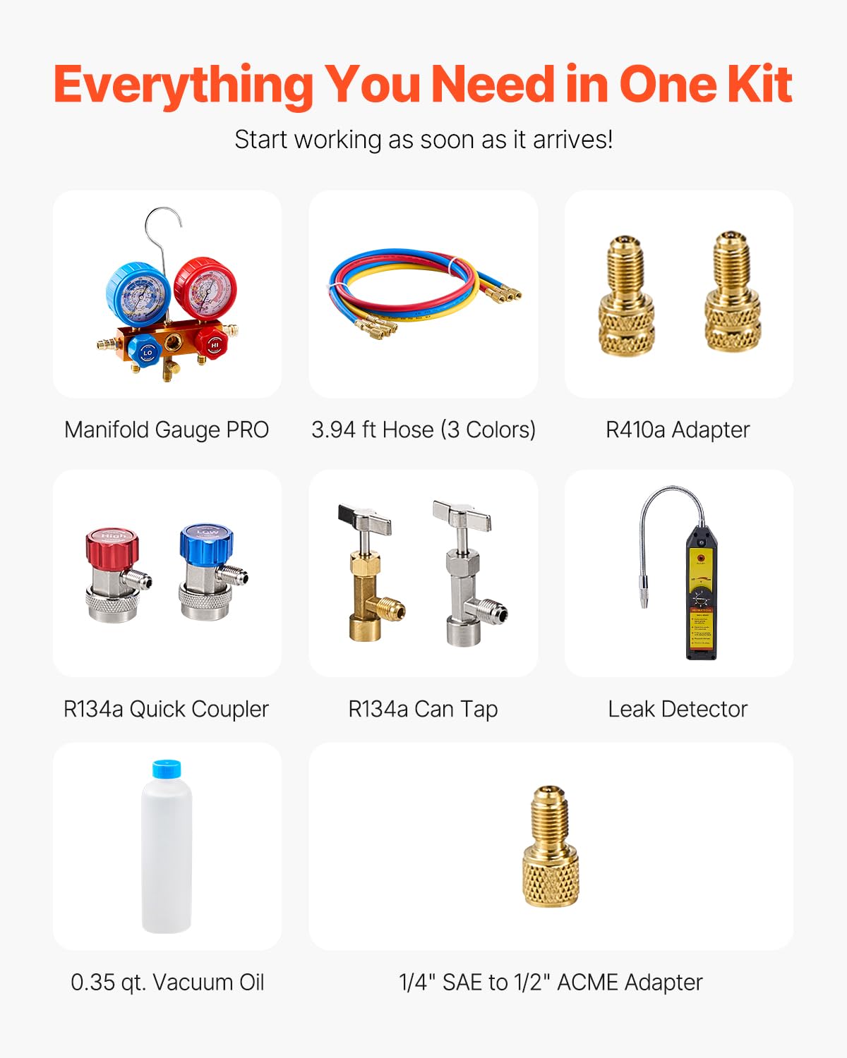 Pompe à vide climatisation VP145 127 L/min 4,5 CFM avec kit manomètre collecteur réfrigérant détecteur de fuite et accessoires
