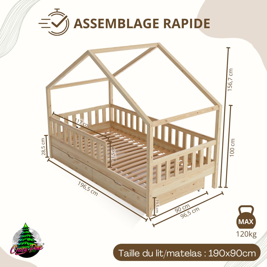 Lit cabane enfant Crazy House 190x90 cm en bois de pin avec tiroirs de rangement barrière de sécurité sommier inclus