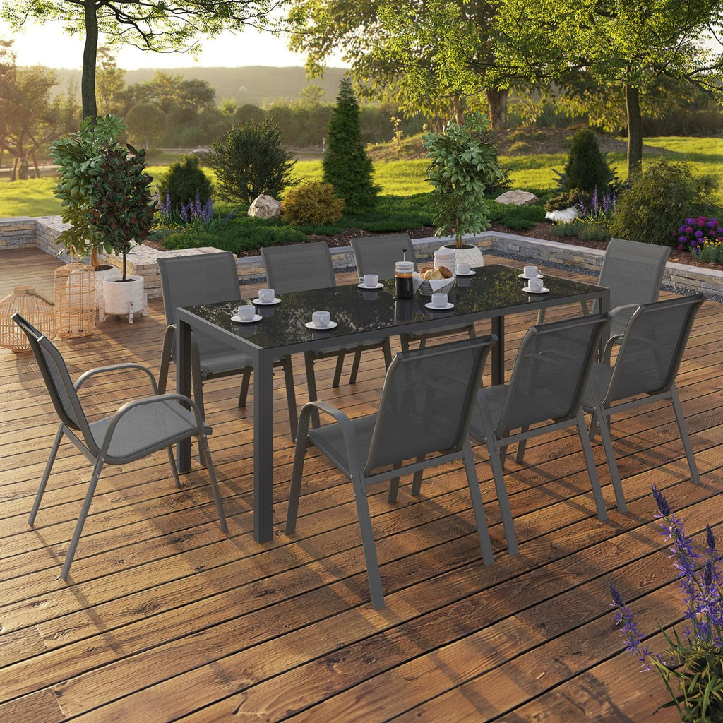 Salon de jardin table rectangulaire 190 cm avec 8 chaises empilables plateau en verre trempé gris anthracite
