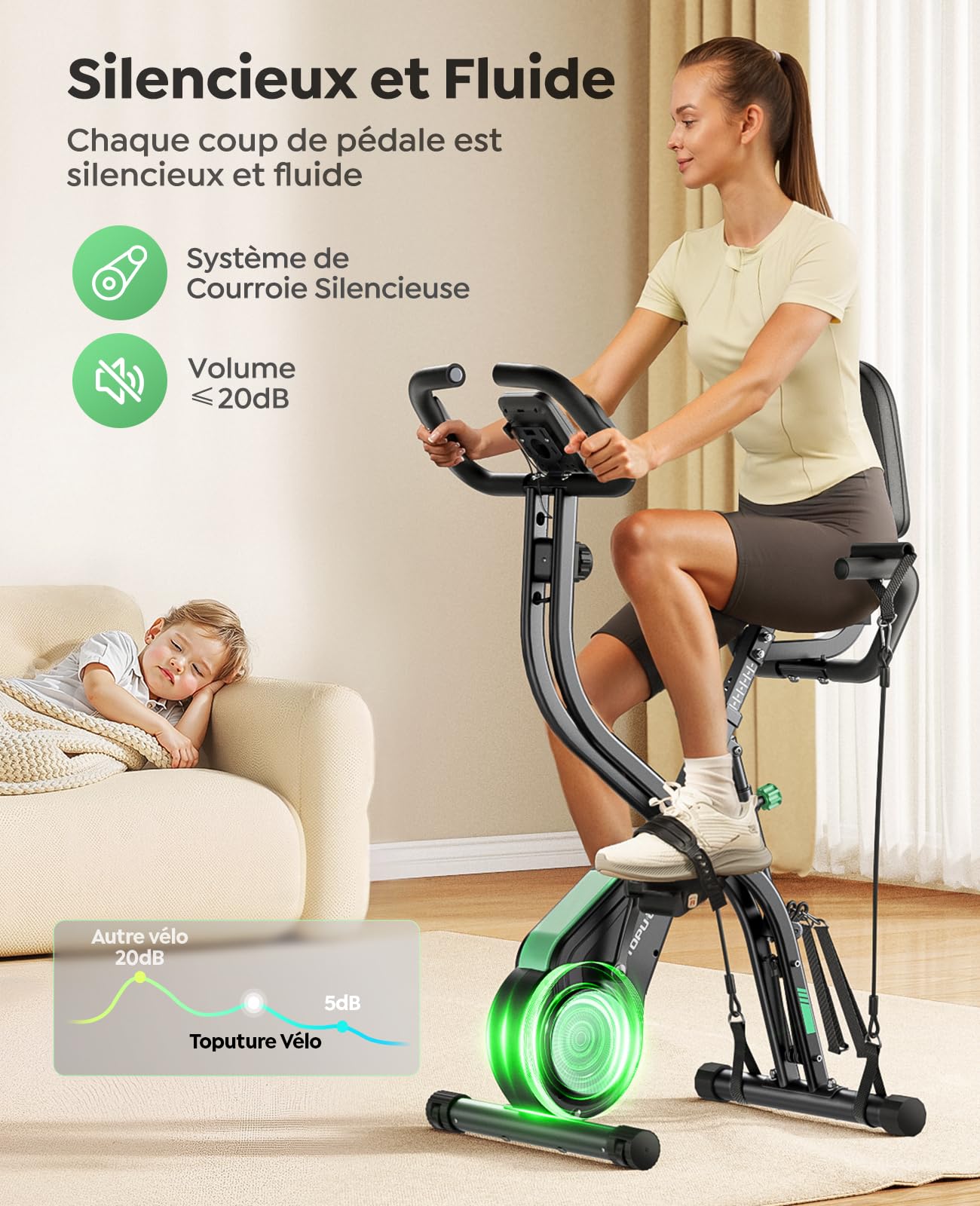 Vélo d'appartement pliable TEB4 5 en 1 avec résistance magnétique 16 niveaux écran LCD connexion APP capacité 140 kg
