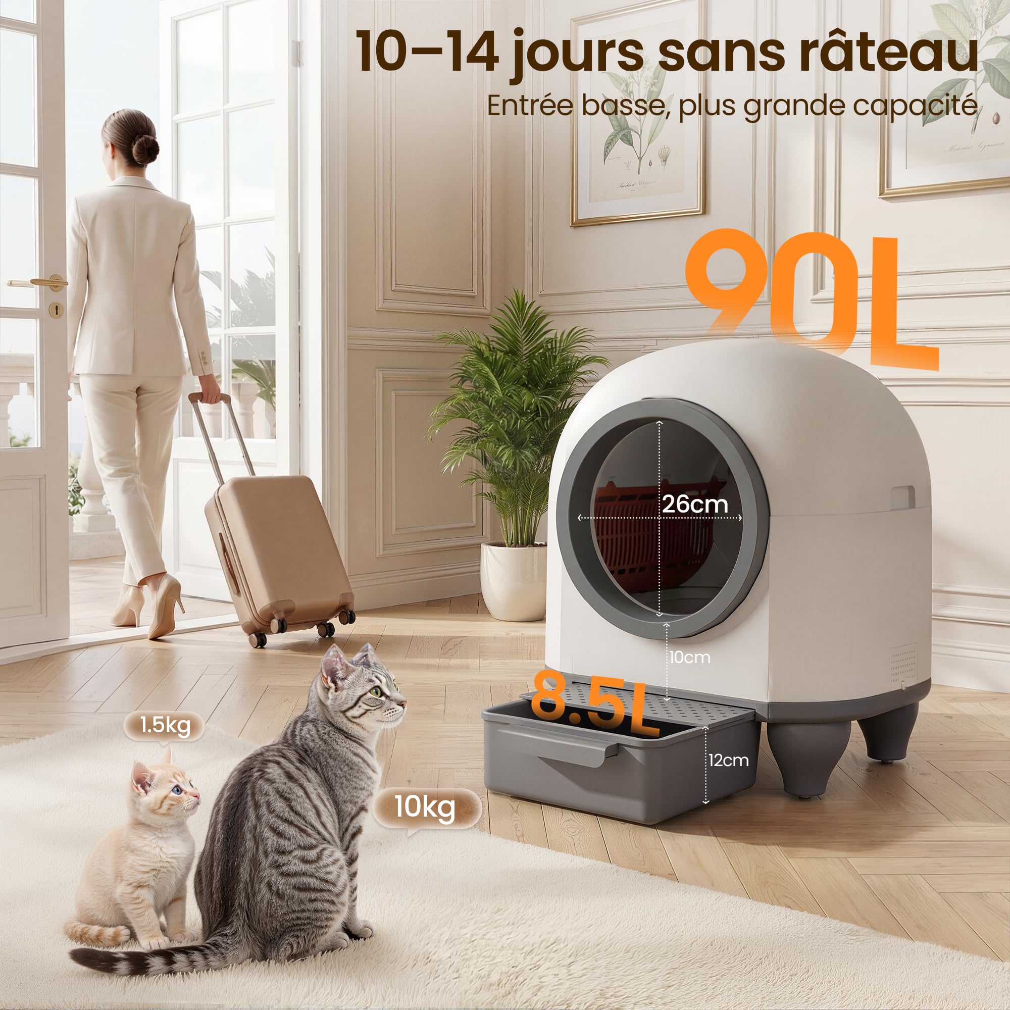 Litière autonettoyante pour chat XXL 90 L avec contrôle par application bac à déchets 8,5 L capteurs de sécurité pour chats jusqu'à 10 kg